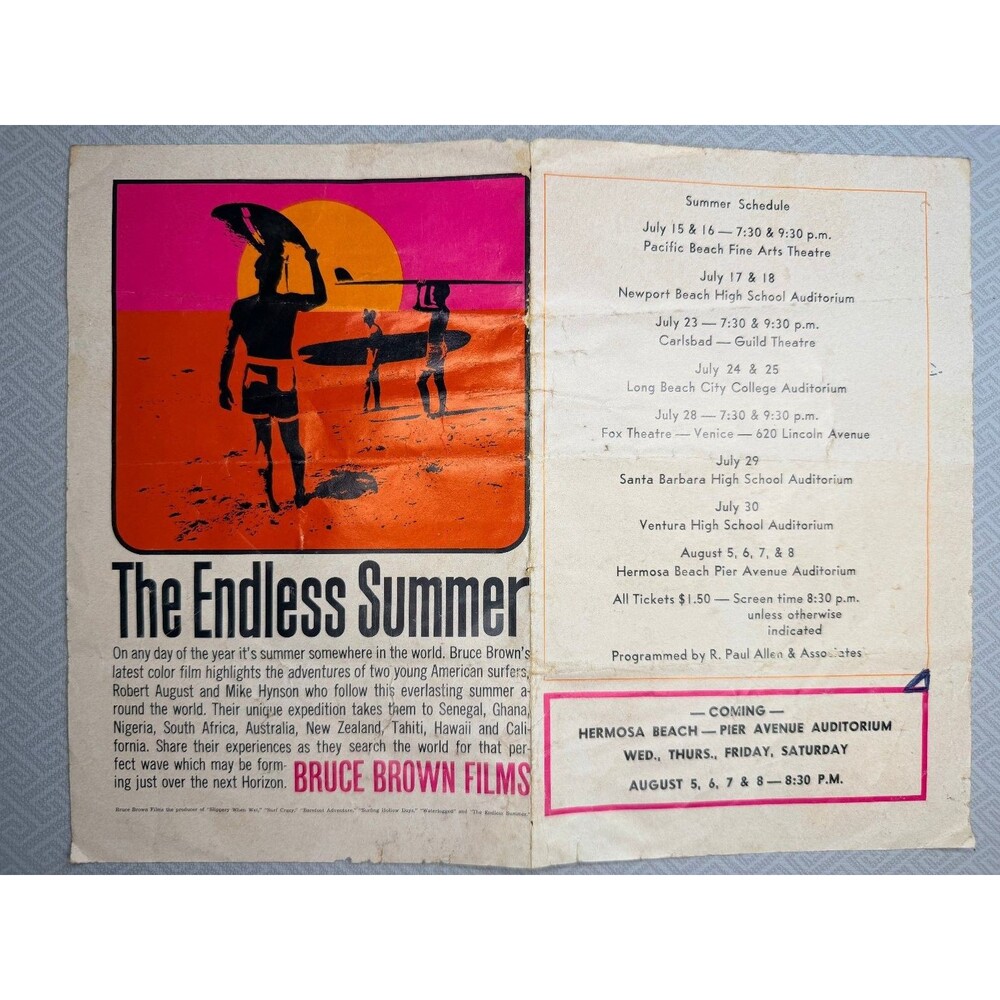 ORIGINAL The Endless Summer Handbill Flyer Summer Schedule Surf Bruce Brown
